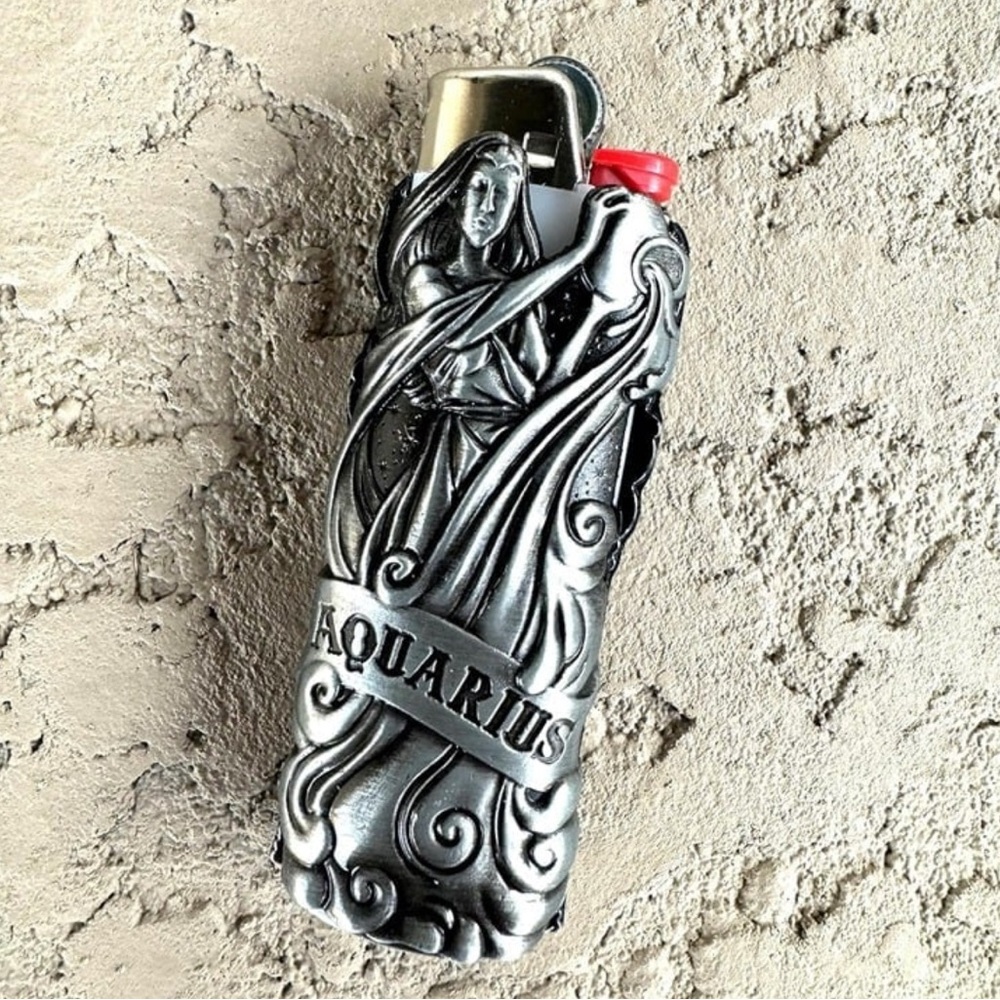 Metal lighter case fits BIC lighter standard size j6 holder zodiac case Aquarius